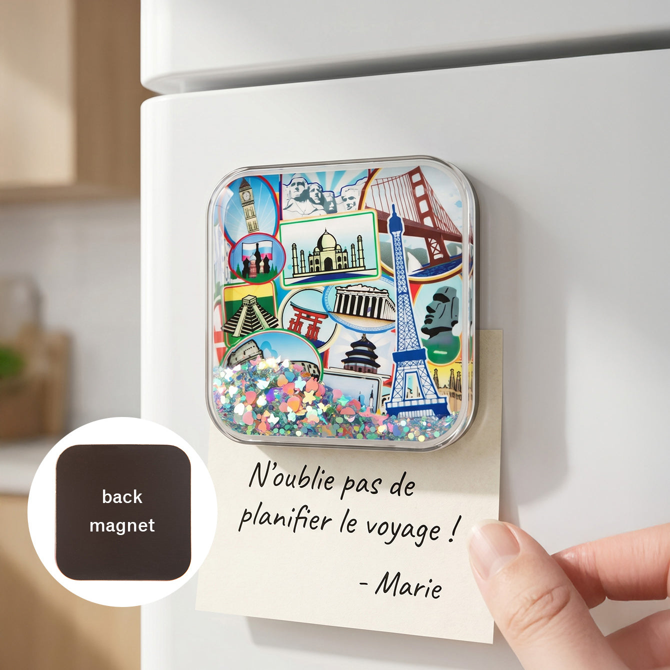 CZ-FM-AC-000059 world travel liquid glitter shaker fridge magnet