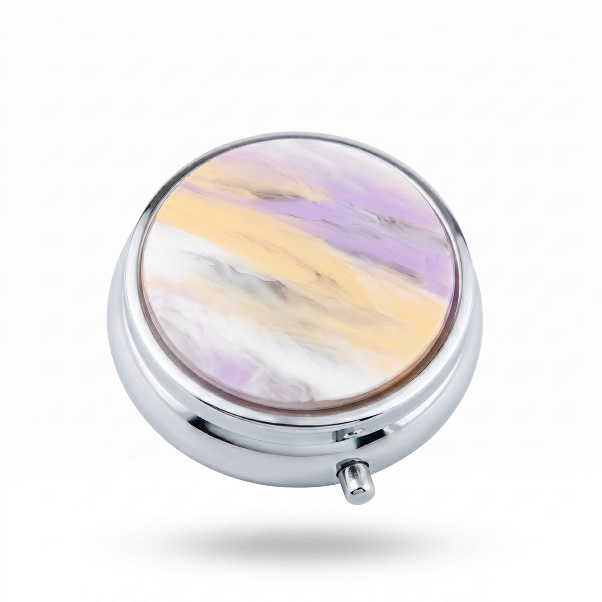 Round Marble Swirl Acetate Pill Case with Mirror, Portable 3-Compartment Metal Pill Organizer, Eco-Friendly Travel Pill Box with 95% High Reflectivity Mirror for Purse, Gift for Women