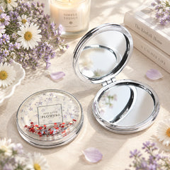Round Quicksand Compact Mirror Floating Heart Sequins Folding Pocket Mirror Silver Plated Dual Sided Makeup Vanity Flowers Print Mirror