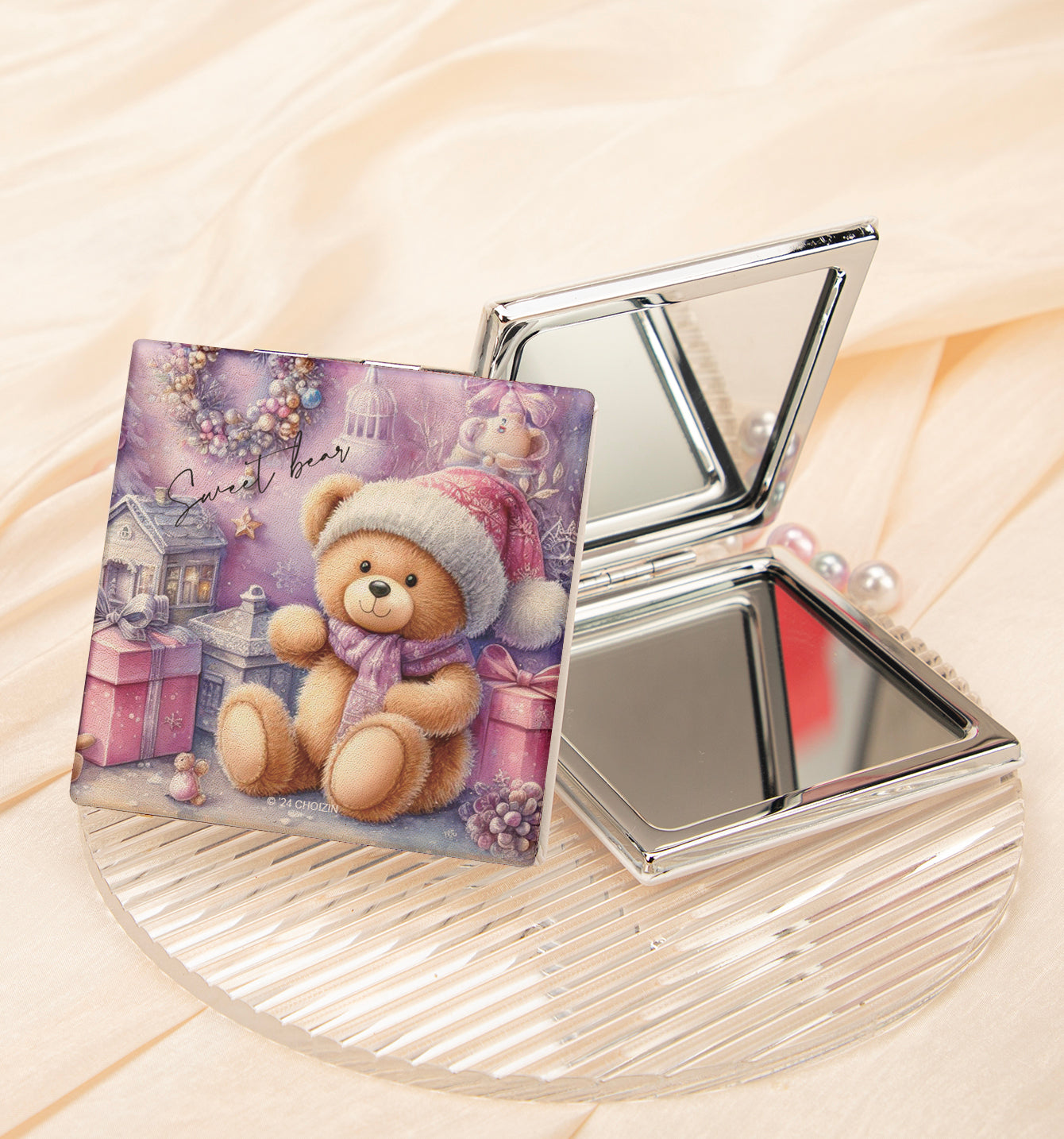 Cute teddy bear PU leather compact mirror, product view 5