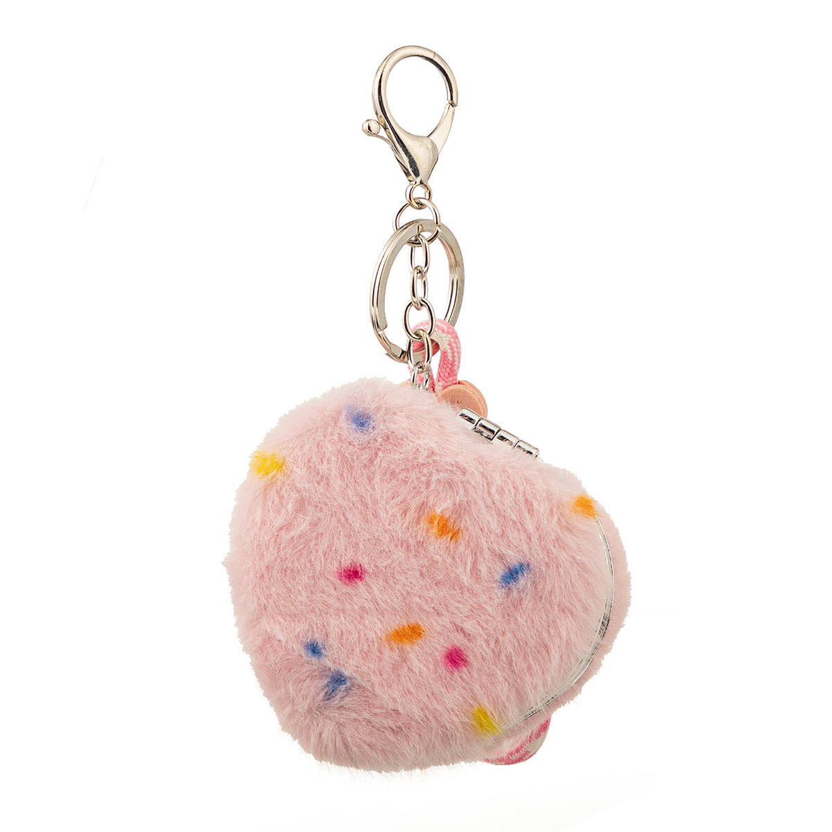 Heart-Shaped Plush Compact Mirror with Lanyard - Cute Colorful Sprinkles Faux Fur Folding Travel Mirror
