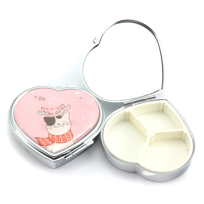 Heart-Shaped Cat Print Pill Box with Mirror, Cute Animal Pattern Portable Pill Organizer, 3-Compartment Eco-Friendly Pill Case with 95% High Reflectivity Mirror for Purse/Travel, Gift for Women & Girls