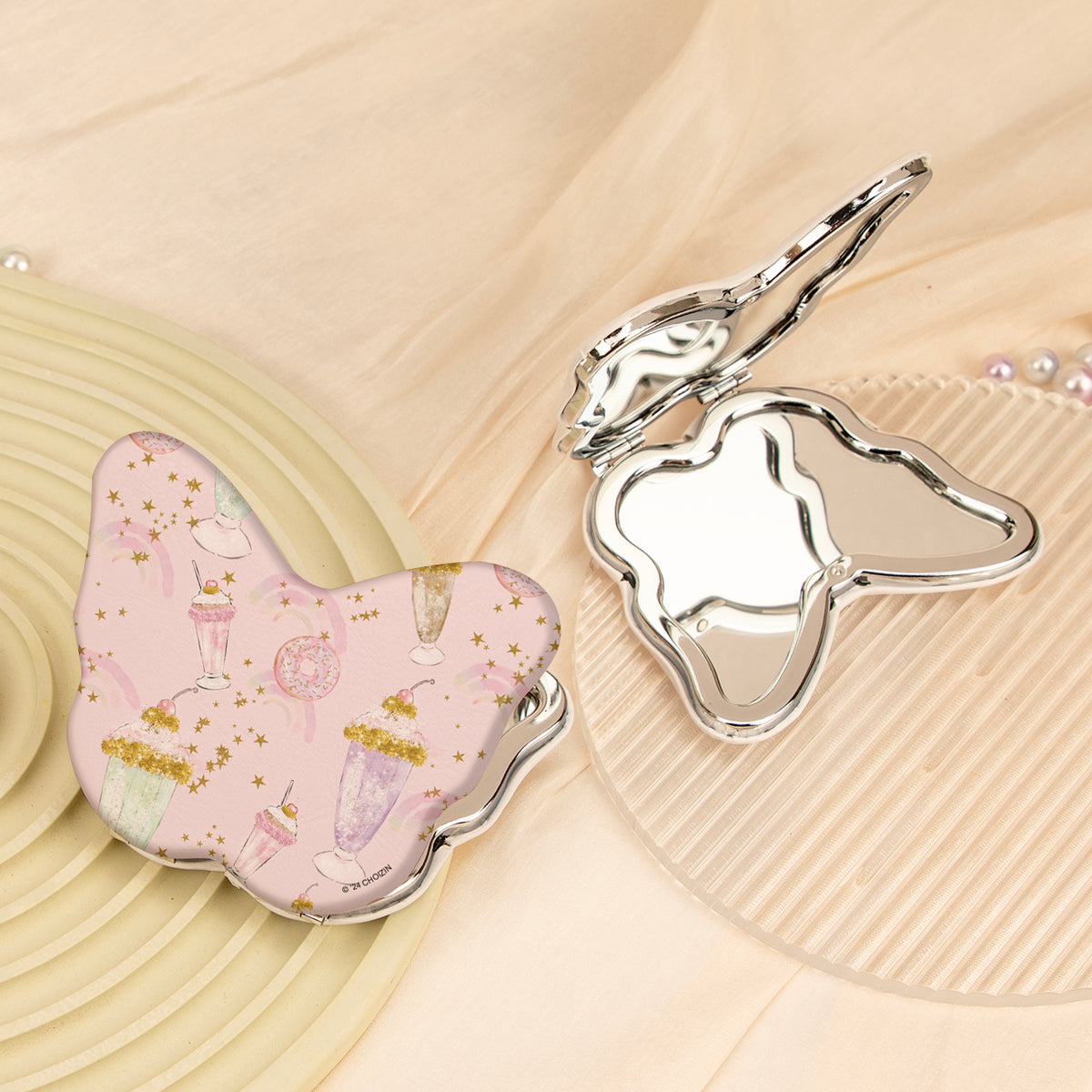 Butterfly Shaped Compact Makeup Mirror 1X 2X Magnification Portable Folding PU Leather Metal Pocket Vanity Mirror