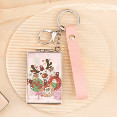 Christmas Keychain Compact Mirror Rectangle PU Leather Folding Pocket Mirror with Wristlet Strap Plastic Frame Cosmetic Mirror