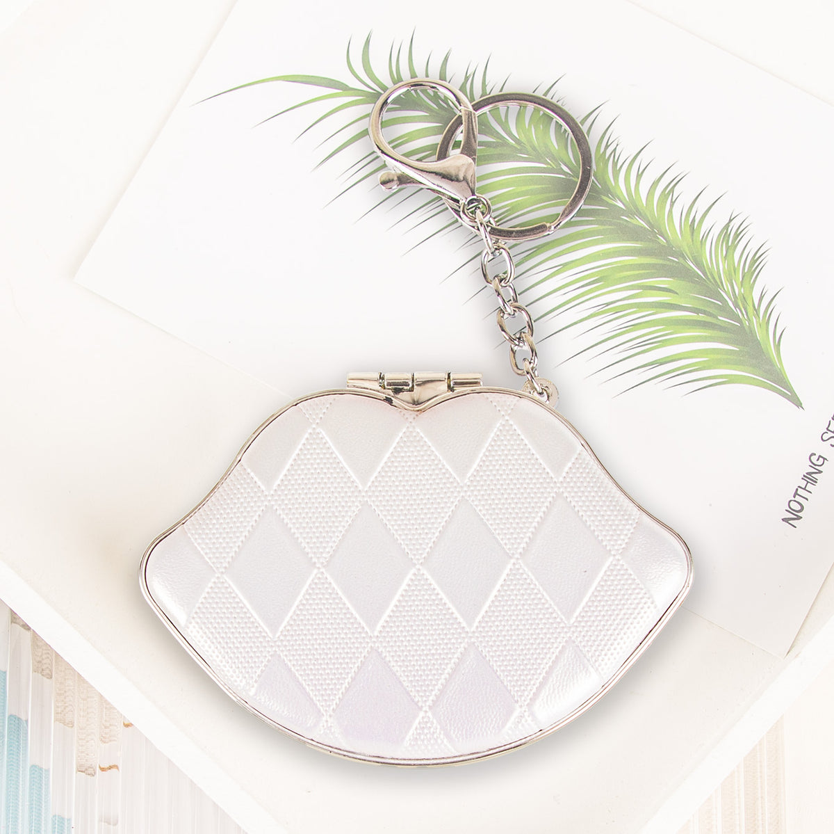 Lip Shaped Keychain Compact Mirror Shiny Quilted PU Leather Folding Pocket Mirror with Metal Clasp Dual Sided Makeup Mirror