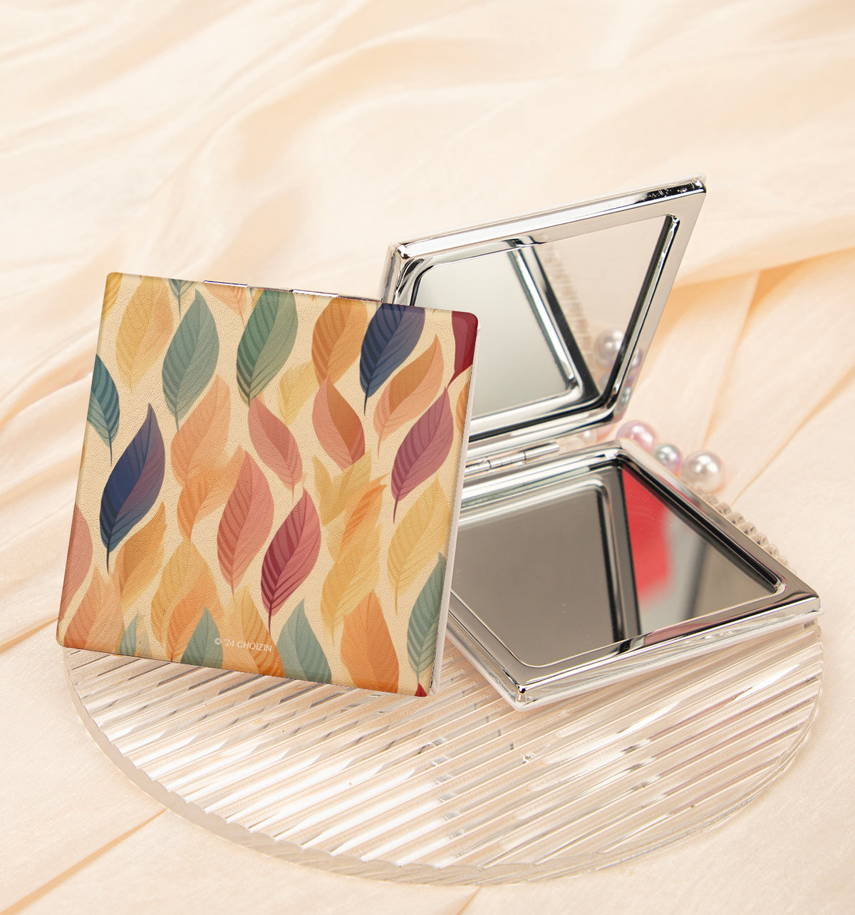 Boho Feather Square Compact Mirror 1X 2X Magnifying Portable Pocket Folding Dual Sided PU Leather Makeup Mirror for Purse