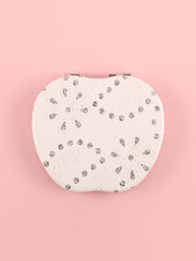 Apple Shaped Embossed Floral Leaf PU Leather Compact Mirror with Glitter Finish - Silver Iron Metal Frame Double-Sided Folding Pocket Vanity Mirror with HD Glass for Purse, Travel & Gifts