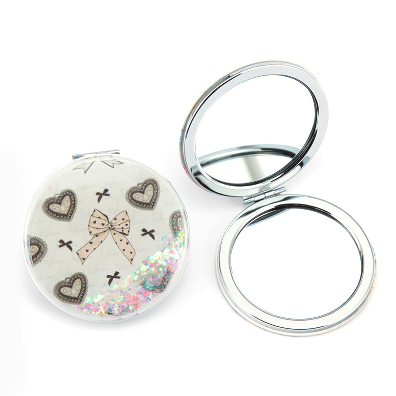 70mm Round Quicksand Dual-Sided Travel Makeup Mirror - Portable Pocket Mirror with Sparkly Flowing Glitter for Purses & Handbags - Compact Mirror with 95% High-Reflectivity Eco-Friendly Glass for Girls, Women, & Gift-Giving - Whimsical Bowknot & Hear