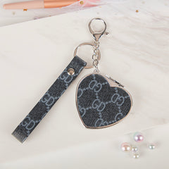 Heart-Shape Monogram Leather Compact Mirror Keychain, Portable Double-Sided Makeup Mirror with 95% High Reflectivity, Mini Pocket Mirror for Purse/Keys, Gift for Women & Girls