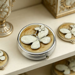 Round Rhinestone & Enamel Pill Box with Mirror, Butterfly Decor Portable Pill Organizer