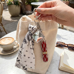 Mini Crossbody Lipstick Bag Keychain with Mirror & Ribbon – Portable Dual-Sided Vanity Mirror – Tiny Chain Pouch for Lipstick