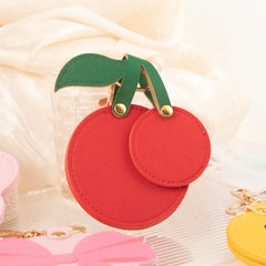 PU Leather Compact Mirror Keychain - Cute Shaped Flower Cherry & Ribbon Double-Sided Folding Travel Mirror - Pocket Purse Charm Vanity Mirror for Women, Girls & Students 🌸🍒🎀