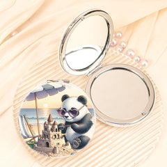 Cute Beach Vacation Panda Compact Mirror Round PU Leather Folding Pocket Mirror Iron Frame Dual Sided Makeup Vanity Mirror