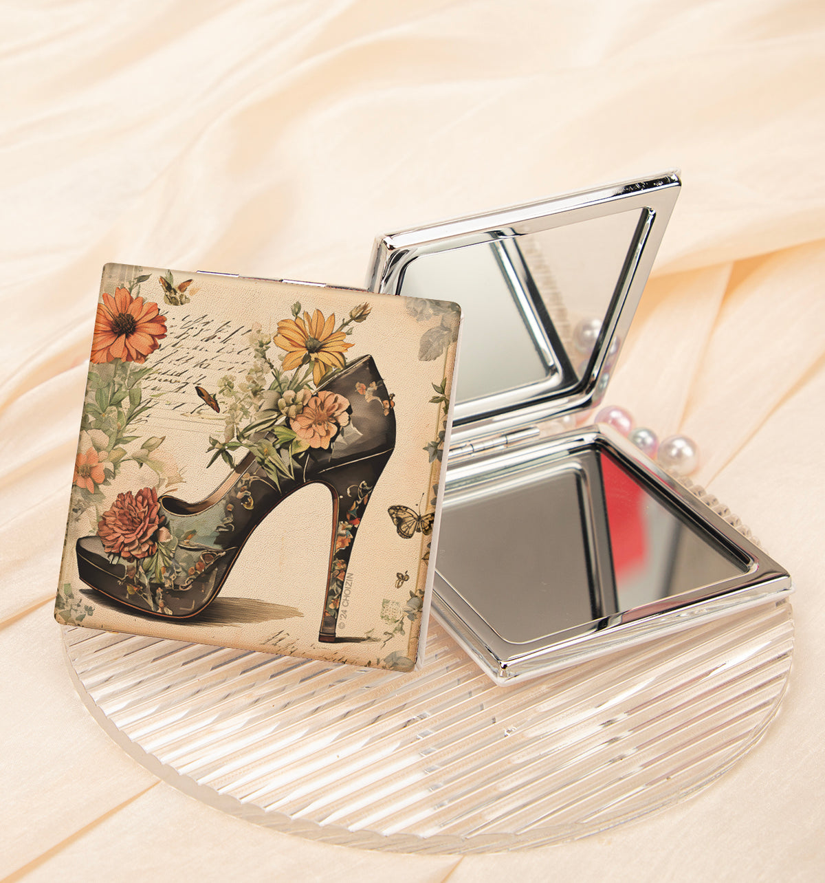Vintage High Heel Compact Mirror Square PU Leather Folding Pocket Mirror Silver Metal Frame Dual Sided HD Glass Vanity CZPU2405274
