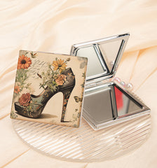 Vintage High Heel Compact Mirror Square PU Leather Folding Pocket Mirror Silver Metal Frame Dual Sided HD Glass Vanity CZPU2405274
