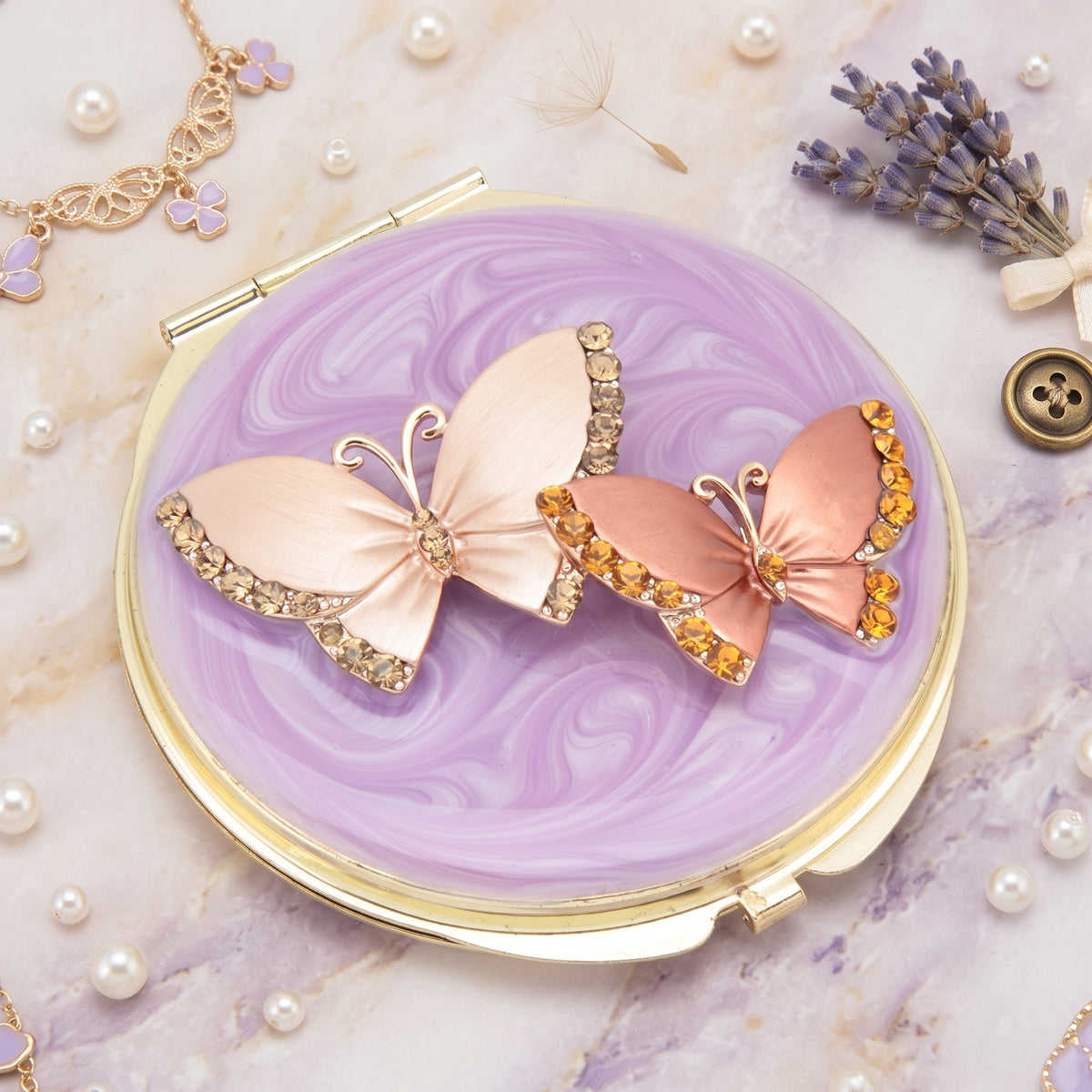 Vintage Epoxy Resin Rhinestone Butterfly Compact Mirror - Luxury Round Gold Metal Double-Sided Folding Pocket Vanity Mirror with HD