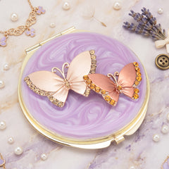 Vintage Epoxy Resin Rhinestone Butterfly Compact Mirror - Luxury Round Gold Metal Double-Sided Folding Pocket Vanity Mirror with HD