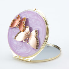 Vintage Epoxy Resin Rhinestone Butterfly Compact Mirror - Luxury Round Gold Metal Double-Sided Folding Pocket Vanity Mirror with HD