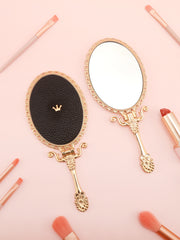 Vintage Folding Handheld and Tabletop Metal Makeup Mirror, Embossed Gold Frame with 3D Rhinestone Bee and PU Leather Back