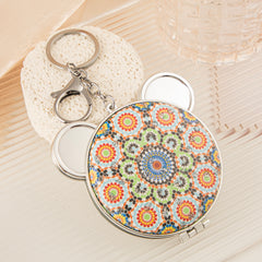 Cute Bear Ears PU Leather Compact Mirror with Keychain - Round Silver Metal Folding Double-Sided Pocket Vanity Mirror with Keychain Ring, Bohemian Pattern & HD Glass for Purse, Travel, Girls & Gifts 🐻🪞🔑✨