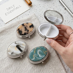 Oval Marble & Tortoiseshell Acetate Pill Case with Mirror, Portable 2-Compartment Metal Pill Organizer, Eco-Friendly Travel Pill Box with 95% High Reflectivity Mirror for Purse, Gift for Women