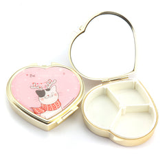 Heart-Shaped Cat Print Pill Box with Mirror, Cute Animal Pattern Portable Pill Organizer, 3-Compartment Eco-Friendly Pill Case with 95% High Reflectivity Mirror for Purse/Travel, Gift for Women & Girls