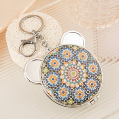 Cute Bear Ears PU Leather Compact Mirror with Keychain - Round Silver Metal Folding Double-Sided Pocket Vanity Mirror with Keychain Ring, Bohemian Pattern & HD Glass for Purse, Travel, Girls & Gifts 🐻🪞🔑✨