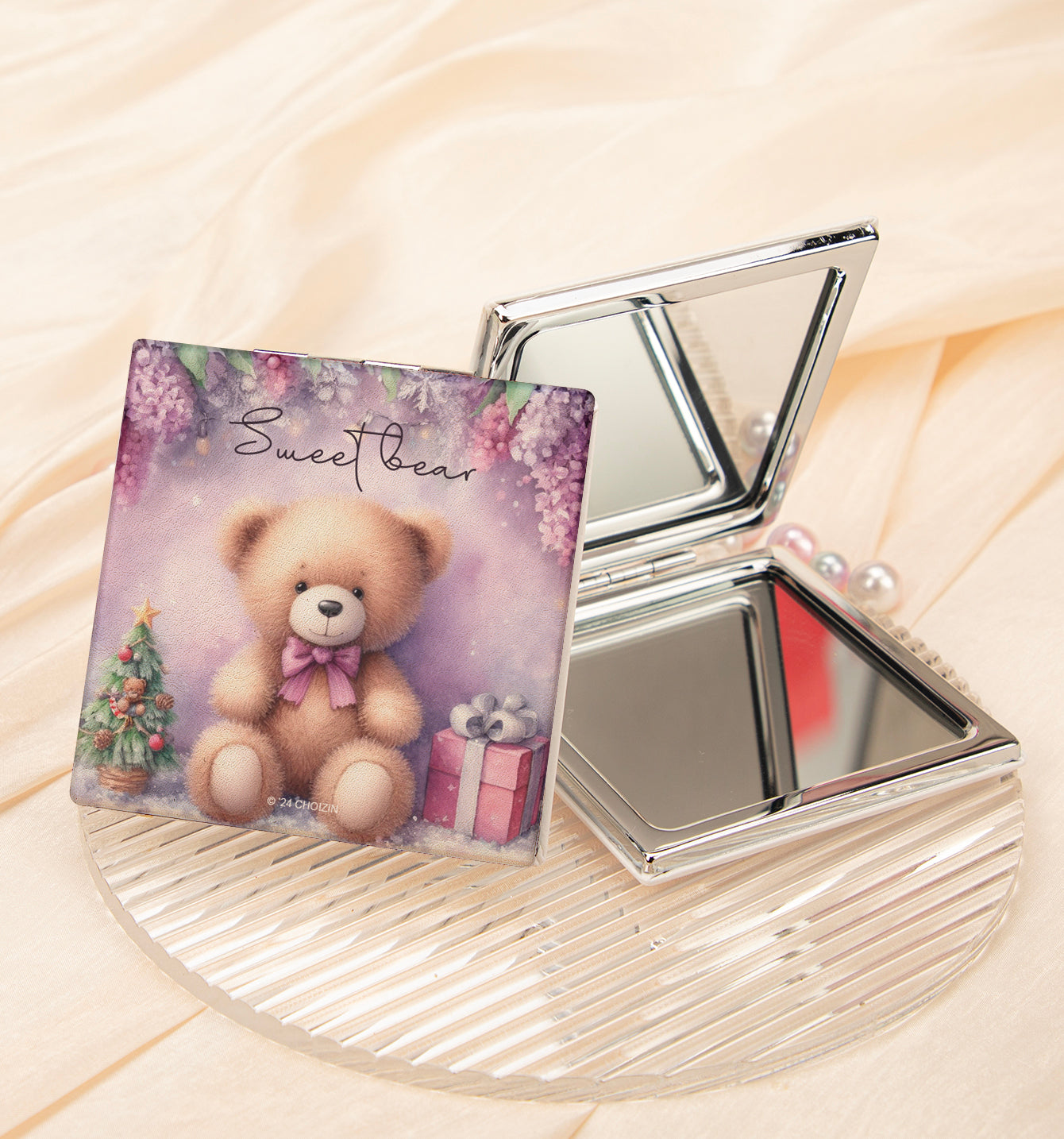 Cute teddy bear PU leather compact mirror, product view 1