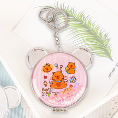 Cute Bear Head Quicksand Compact Mirror Keychain Liquid Glitter Floating Sequins Folding Pocket Mirror Dual Sided Metal Frame