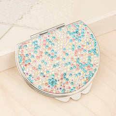Sparkling Half-Round Arch Rhinestone Compact Mirror - Silver Electroplated Metal Double-Sided Folding Pocket Vanity Mirror