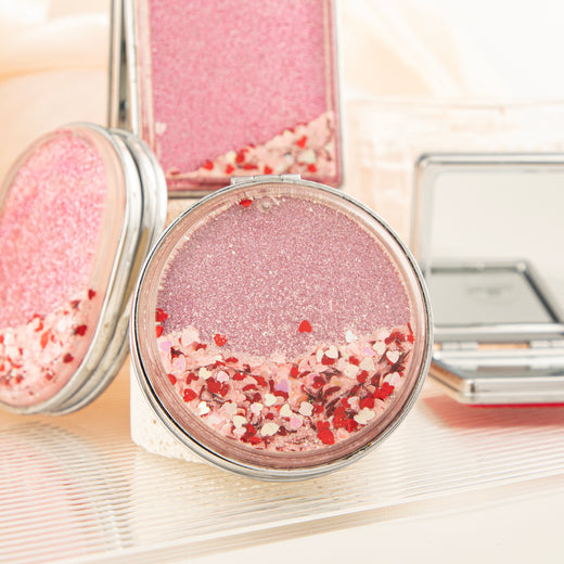Pink Glitter Quicksand Compact Mirror Round Floating Sequins Folding Pocket Mirror Plastic Frame Dual Sided Makeup Vanity