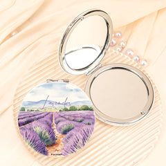 Lavender Field Compact Mirror Round PU Leather Folding Pocket Mirror Silver Metal Frame Dual Sided HD Glass Travel Vanity
