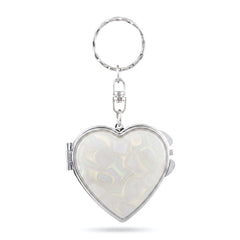 Heart-Shaped Marble & Pearl Acetate Compact Mirror Keychain, Double-Sided Folding Makeup Mirror with 95% High Reflectivity Lens, Silver Plated Portable Purse Mirror for Women & Girls