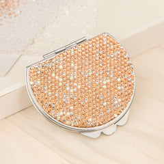 Sparkling Half-Round Arch Rhinestone Compact Mirror - Silver Electroplated Metal Double-Sided Folding Pocket Vanity Mirror
