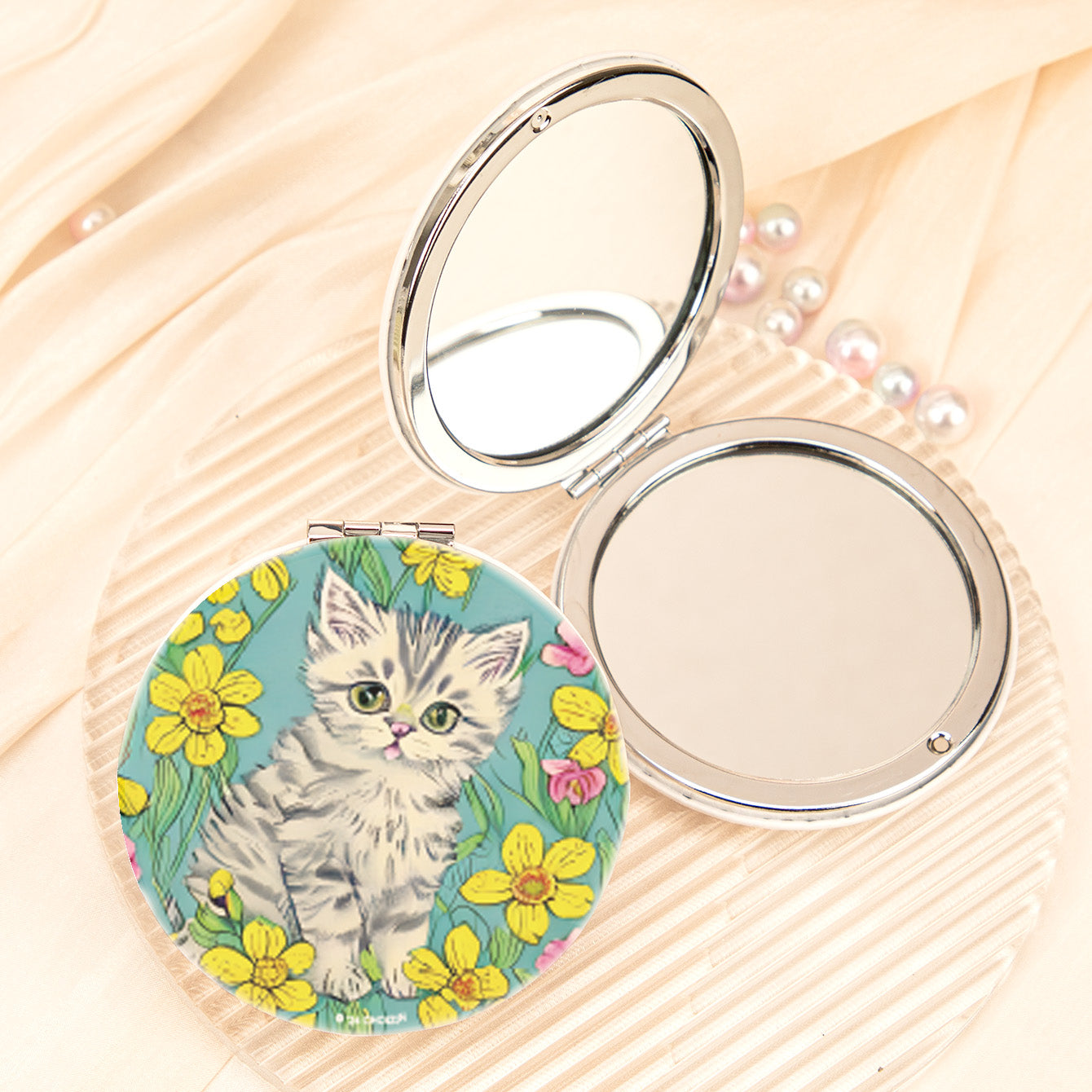 Cute cat floral PU leather compact mirror, product view 8