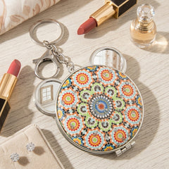 Cute Bear Ears PU Leather Compact Mirror with Keychain - Round Silver Metal Folding Double-Sided Pocket Vanity Mirror with Keychain Ring, Bohemian Pattern & HD Glass for Purse, Travel, Girls & Gifts 🐻🪞🔑✨