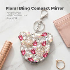 Bling Bear Compact Mirror with Rhinestones, Double-Sided Folding Makeup Mirror, Portable Keychain Mirror for Purse, Travel, Gift for Women Girls