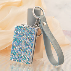 Rectangle Rhinestone Compact Mirror Keychain PU Leather Wristlet Strap Folding Pocket Mirror Bling Dual Sided Cosmetic Mirror
