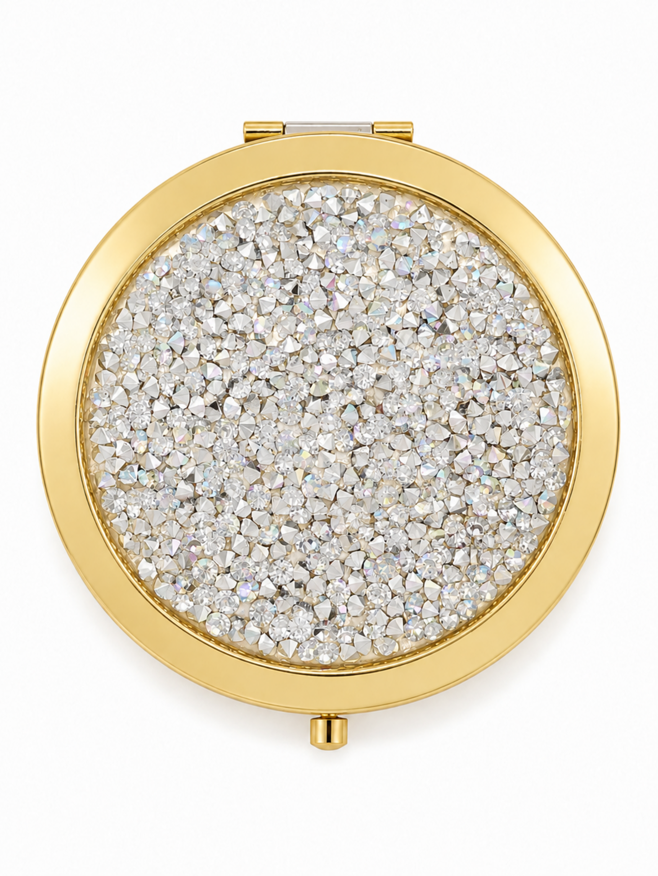 Gold clear crystal rhinestone compact mirror, 70 mm round pocket mirror