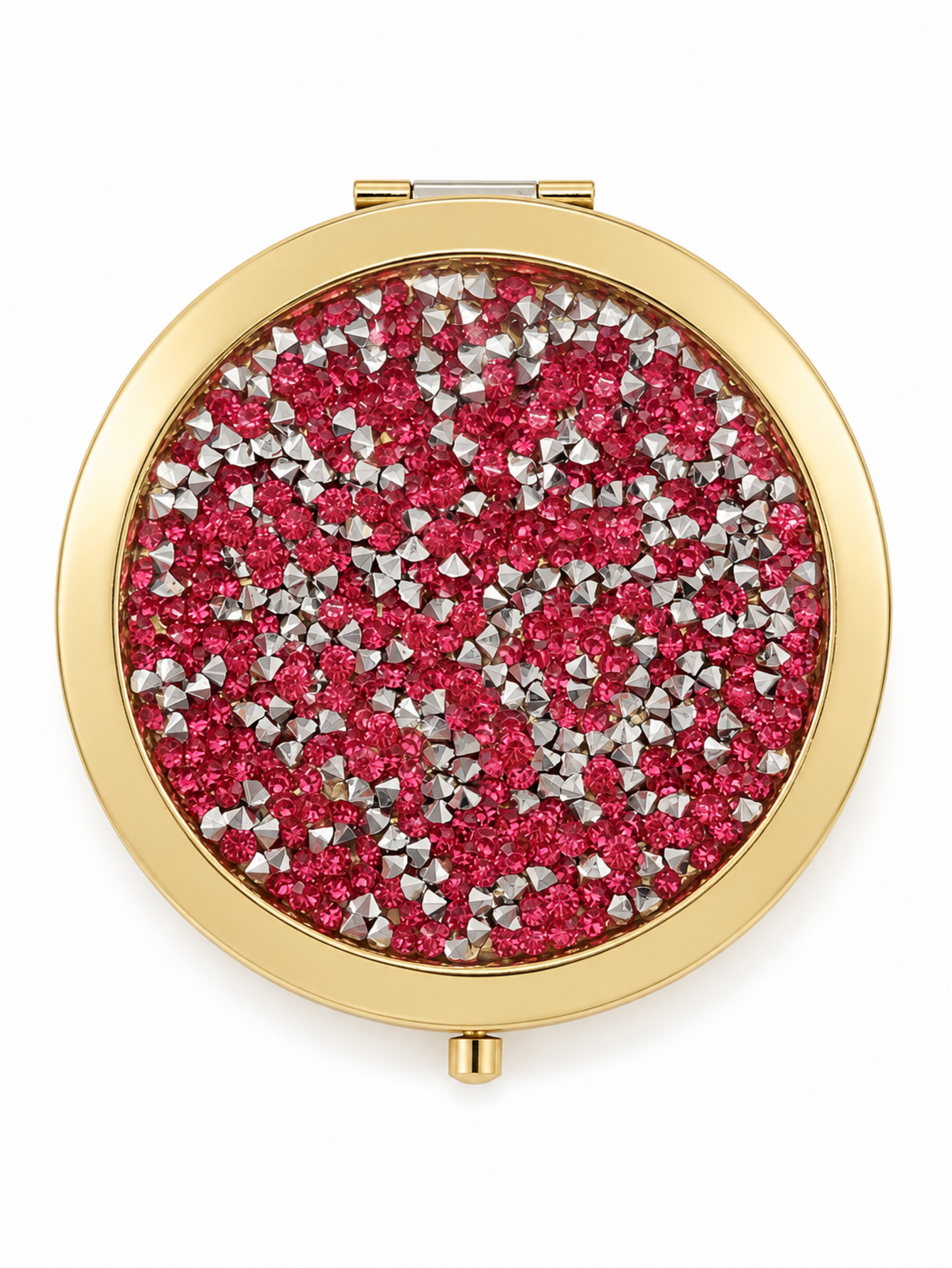 Gold raspberry crystal rhinestone compact mirror, 70 mm round pocket mirror