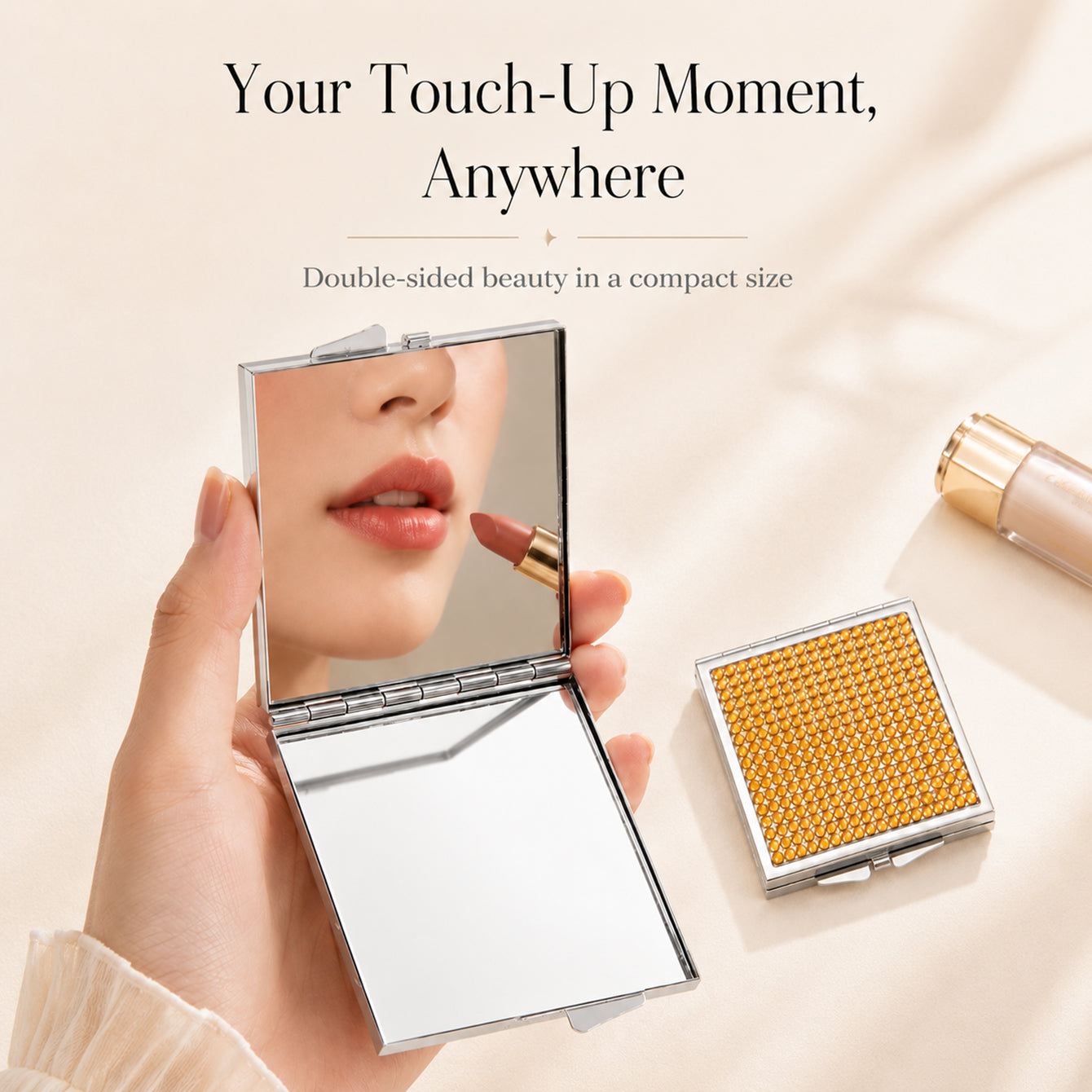 Handheld double-sided compact mirror for lipstick touch-ups