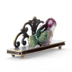 Purple and green bird alloy business card holder HQ390004 – angled view