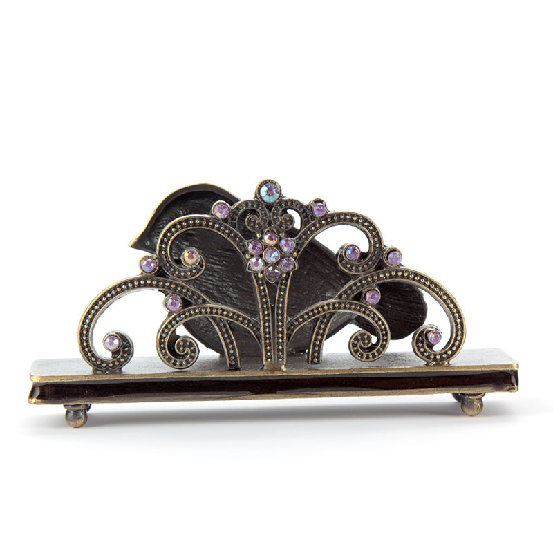 Purple and green bird alloy business card holder HQ390004 – ornate back view