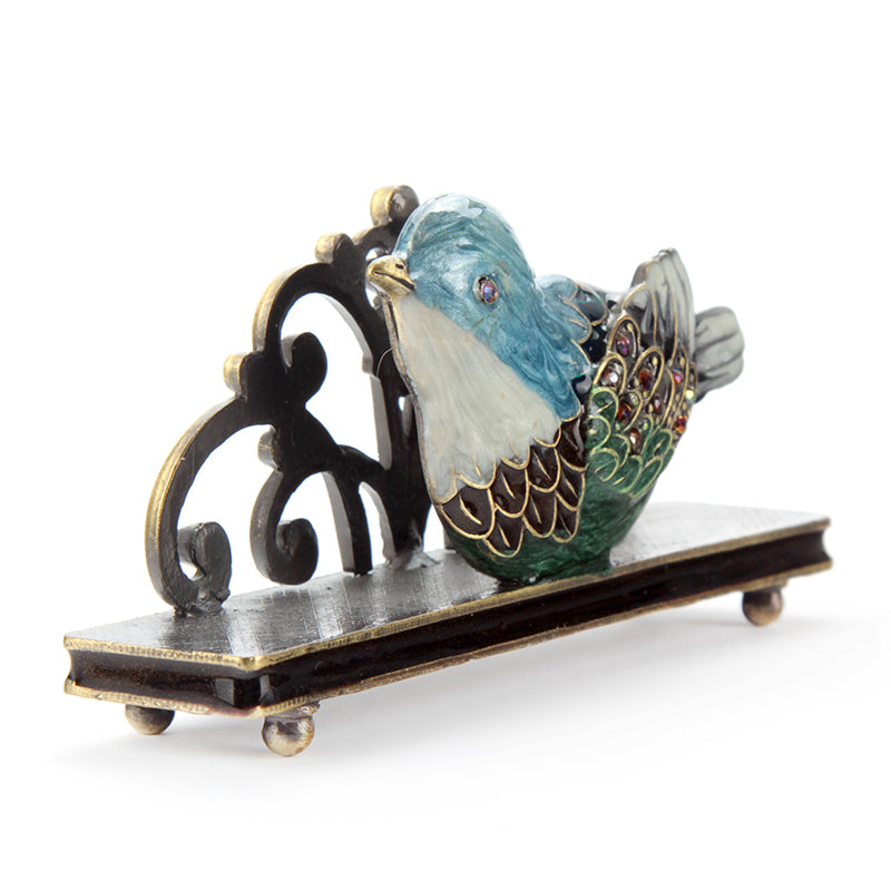 Blue and green bird alloy business card holder HQ390005 – angled view