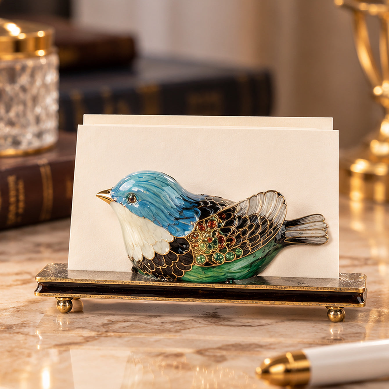 HQ390005 blue and green bird alloy business card holder displaying business cards on an elegant office desk