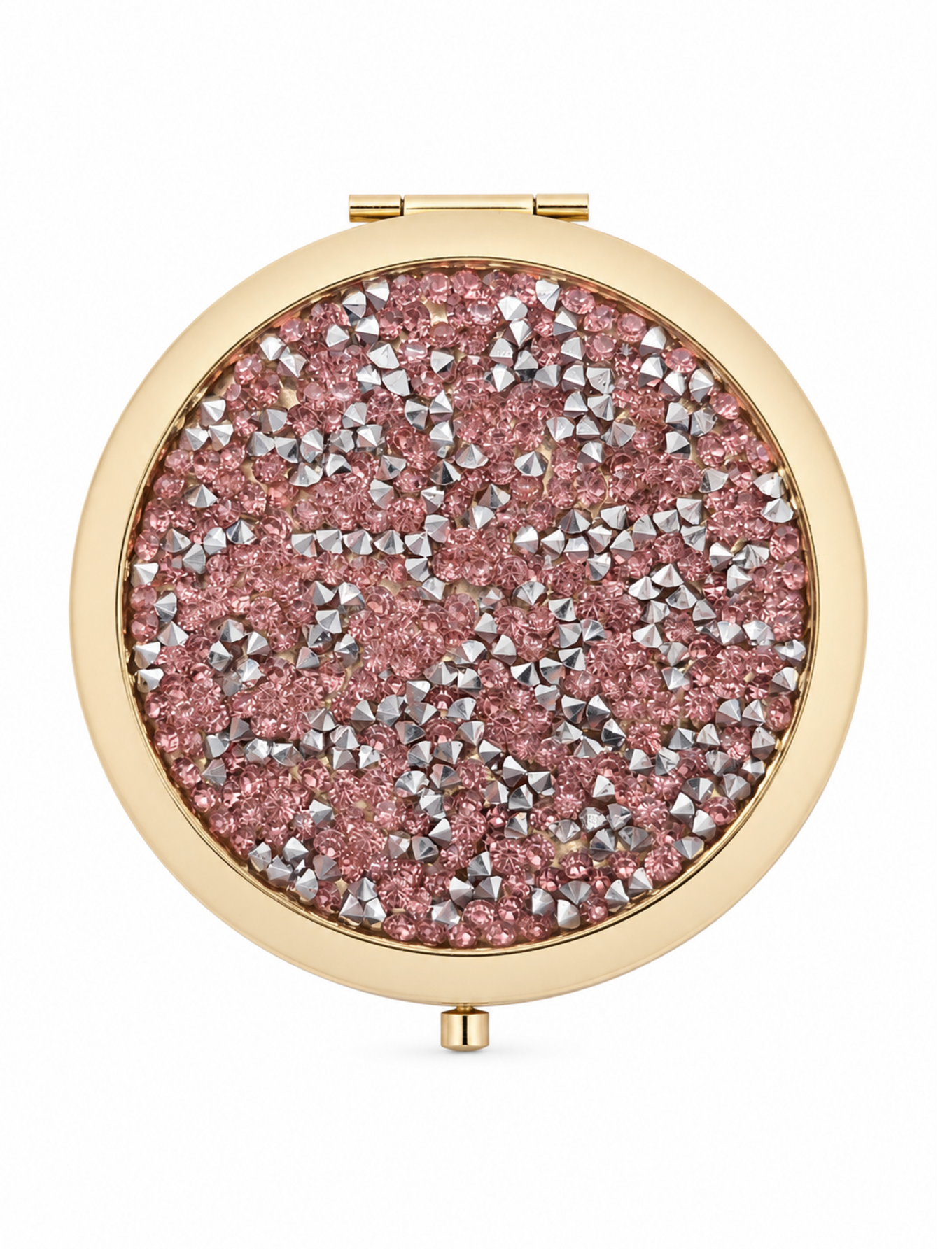Light gold pale pink crystal rhinestone compact mirror, 70 mm round pocket mirror