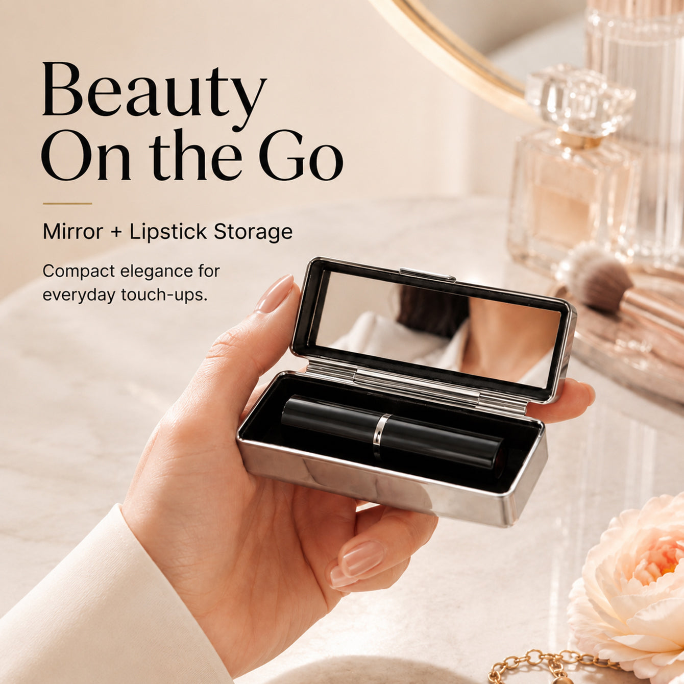 Handheld rhinestone lipstick case with mirror and lipstick for daily touch-ups