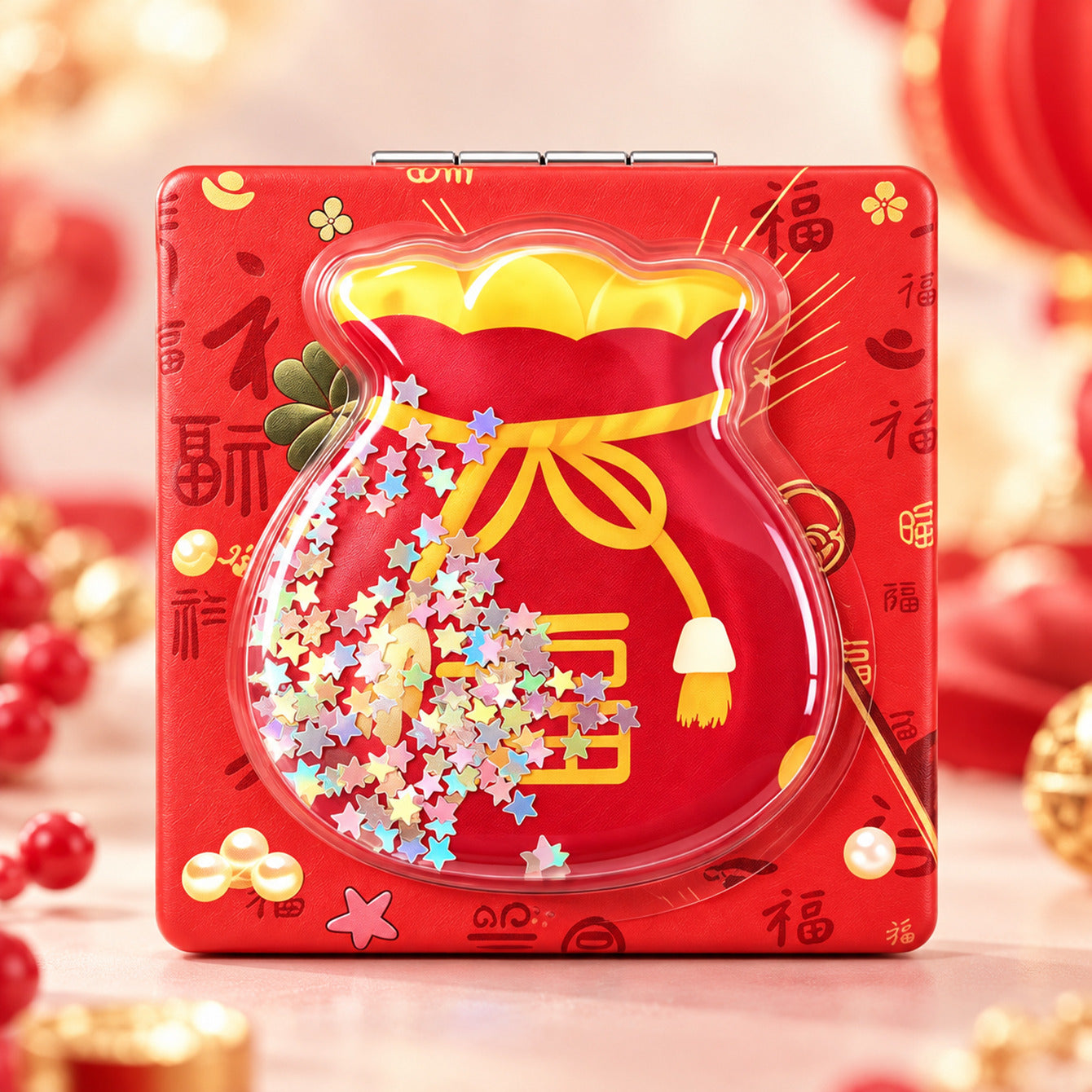 Lucky fortune bag liquid glitter quicksand square compact mirror lifestyle