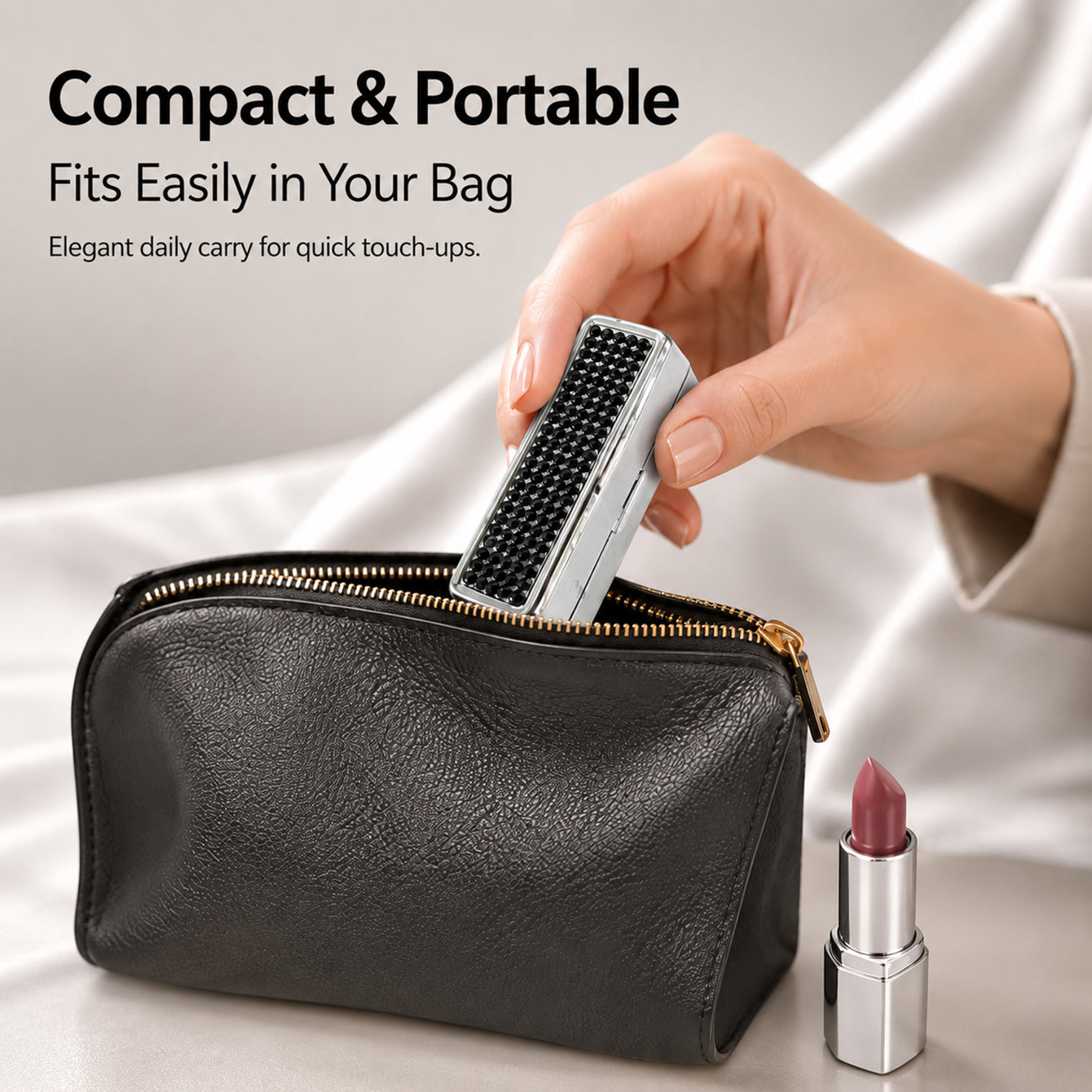 Compact rhinestone lipstick case fitting into a handbag for portable use