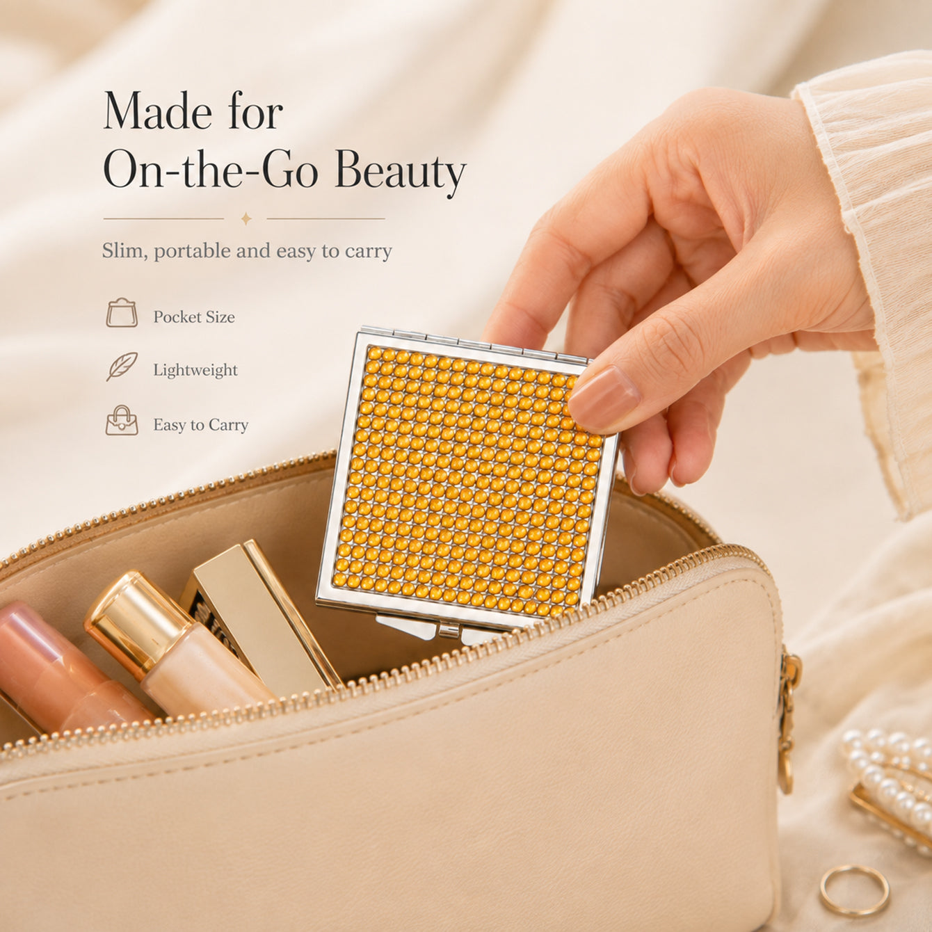 Portable yellow rhinestone compact mirror for handbags